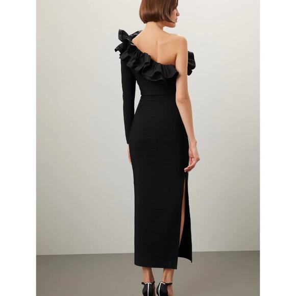 Herve Leger Black Bandage Gown MEDIUM One Shoulder Ruffle Formal Designer $1990 - Picture 3 of 12